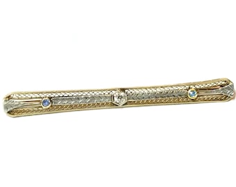 14K Yellow & White Gold Edwardian Diamond and Sapphire Engraved Bar Pin