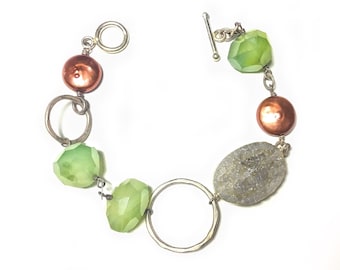 Sterling Bracelet with Green Prehnite, Druzy Quartz & Freshwater Pearl