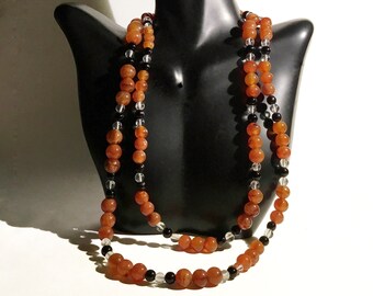 Long Art Deco Style Carnelian, Rock Crystal & Onyx Gemstone Beads Necklace with Sterling and Onyx Clasp