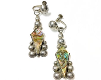 1940s Old Mexico Sterling & Abalone Drop Screw Back Earrings