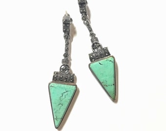 Art Deco Design Sterling, Turquoise & Marcasite Long Drop Earrings Signed Boma