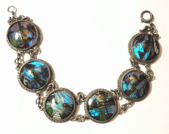 Sterling Silver Morpho Butterfly Wing Bubble Glass Reverse Painting Bracelet Signed Alfano Brazil