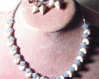 1930s Blue & White Sea Shells and Celluloid Necklace Set