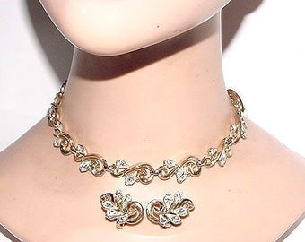 Signed Trifari Designer Retro Rhinestones Set, Pear-Shaped Rhinestones Vintage 1940s-50s