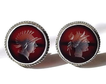 Antique Victorian Carnelian Intaglio Cameo Earrings, Sterling Silver Screw Backs