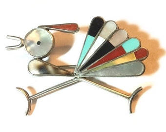 Large Vintage Zuni Sterling Silver Inlay Gemstone Roadrunner Brooch/ Pendant