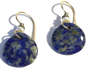 14K Yellow Gold Lapis Lazuli Blue Disks & White Pearl Drop Earrings