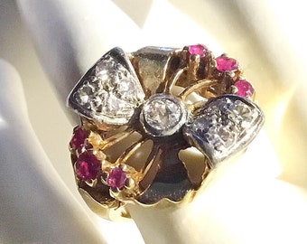 14k Ruby & Diamond Bow Motif Ring, 1940s Retro