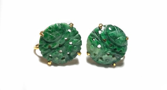 14k Carved Green Jadeite Button Screw Back Earring
