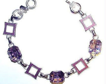 Signed AMCO Enamel Sterling Bracelet with Faceted Lilac Glass Stones, c1960s