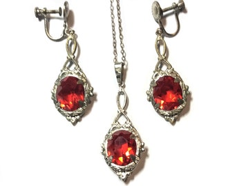Antique Art Deco Rhodium Plated Screw Back Drop Earrings & Necklace Set