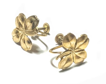 Antique Art Nouveau 10K Gold Lucky Four Leaf Clover Screw Back Earrings