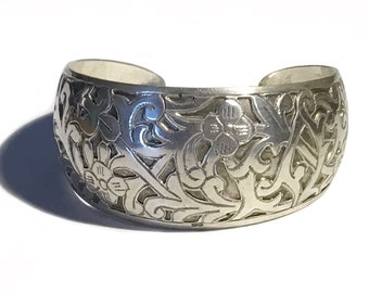 Vintage India Carved Sterling Floral Meander Pattern Cuff Bracelet