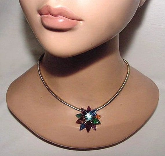 Signed Coro Multicolored Star Pendant Retro Neckl… - image 3