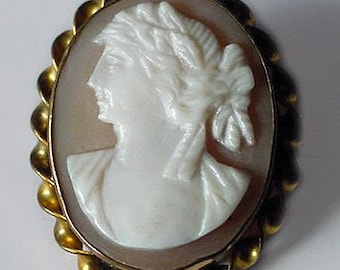 Carved Shell Cameo of Greek Earth Goddess Demeter Brooch, 19th Century Antique