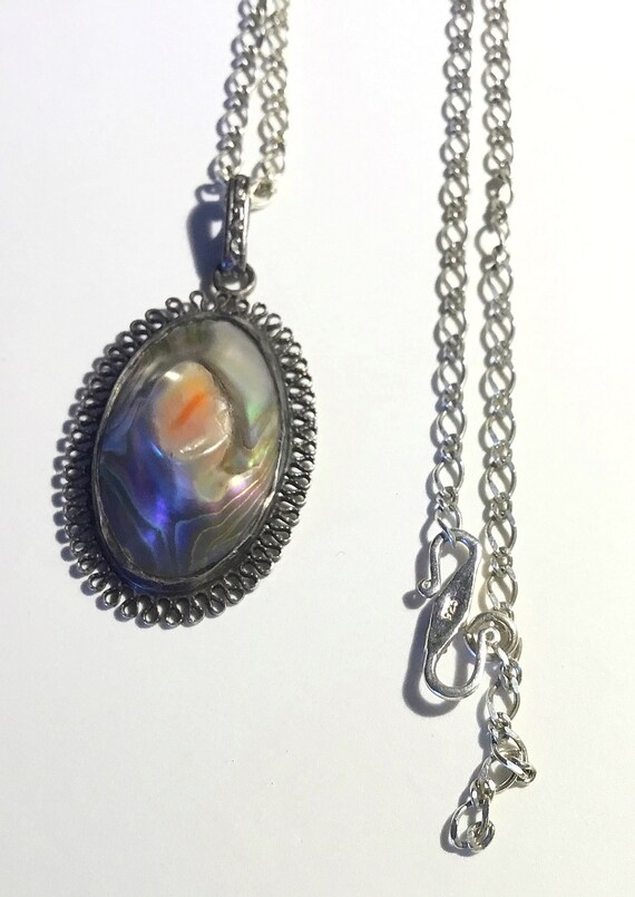 Arts and Crafts c1900 Antique Colorful Blister Pearl Sterling Silver Pendant and Chain Necklace