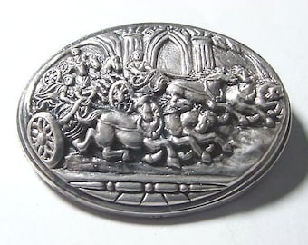 Large Sterling Roman Chariot & Racing Horses Brooch/ Pendant