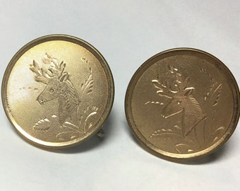 Antique Victorian Stags Gold Filled Earrings, Hand Engraved