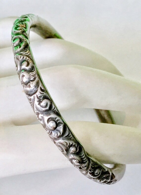 Signed Victorian Repousse Sterling Childs Bangle Brac… - Gem