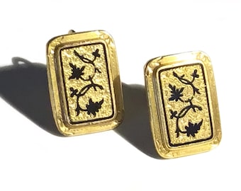 Antique Victorian Taille d’Epargne Black Enamel on Vermeil Sterling Screw Back Earrings