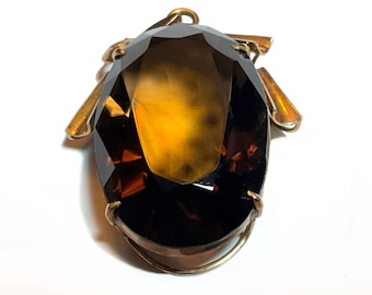 1940s Retro Large 14K Yellow Gold & Faceted Smoky Quartz Pendant