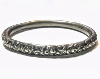 Signed Victorian Repousse Sterling Childs Bangle Bracelet