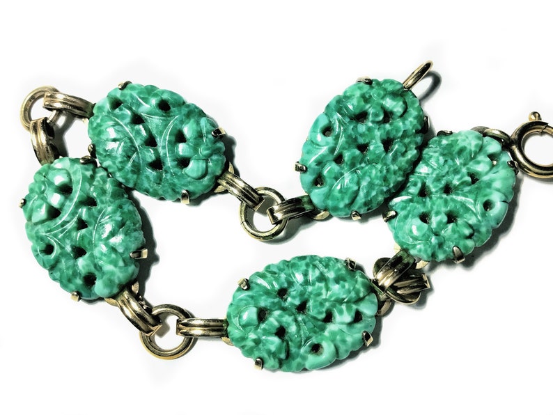 Signed Van Dell Deco Style Peking Glass Gold Filled Linked Bracelet