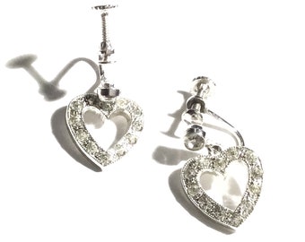 Antique Art Deco Rhinestone & Sterling Dangling Heart Drop Earrings