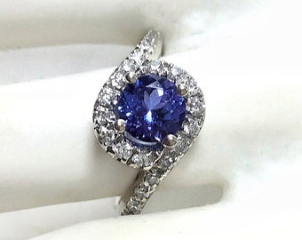 Round One Carat Tanzanite & Diamond 14k White Gold Halo Ring