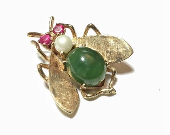 1960s 14k Yellow Gold Fly Brooch Set with Jade, Pearl & Rubies