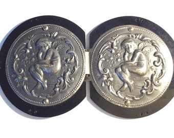 Cupids/ Angels Antique Art Nouveau Celluloid Belt Buckle, Black & Silver Plated