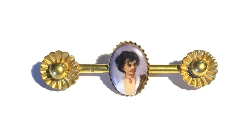 c1860s SALE Antique Etruscan Revival Gold Filled Neopolitan Fisher Boy Hand Painted Porcelain Brooch Bar Pin