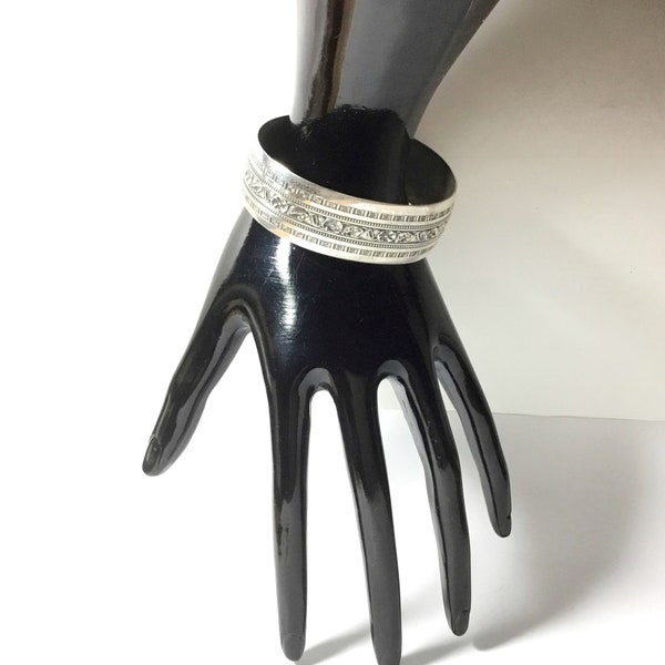 Vintage Sixties Signed Danecraft Sterling Silver Wide Floral Danecraft Cuff Bracelet