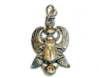 Vintage 1970s Signed Sterling Silver Egyptian Winged Scarab Pendant