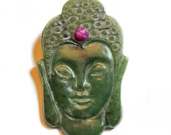 Large Hand Carved Jade Buddha Brooch, Set with Star Ruby Hindu Bindi