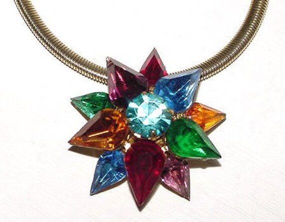 Signed Coro Multicolored Star Pendant Retro Neckl… - image 1