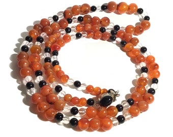 40” Long Art Deco Style Carnelian, Black Onyx & Rock Crystal Beads Necklace