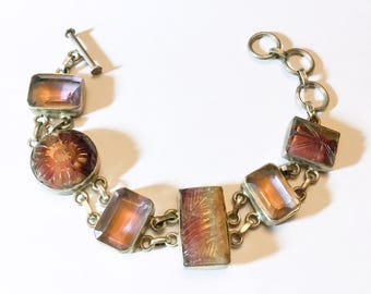 Large Carved Amethyst & Sterling Silver Vintage Link Bracelet