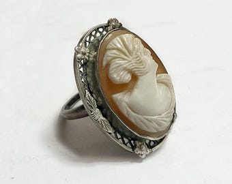 Large Art Deco Antique Sterling Silver and Shell Cameo Ring