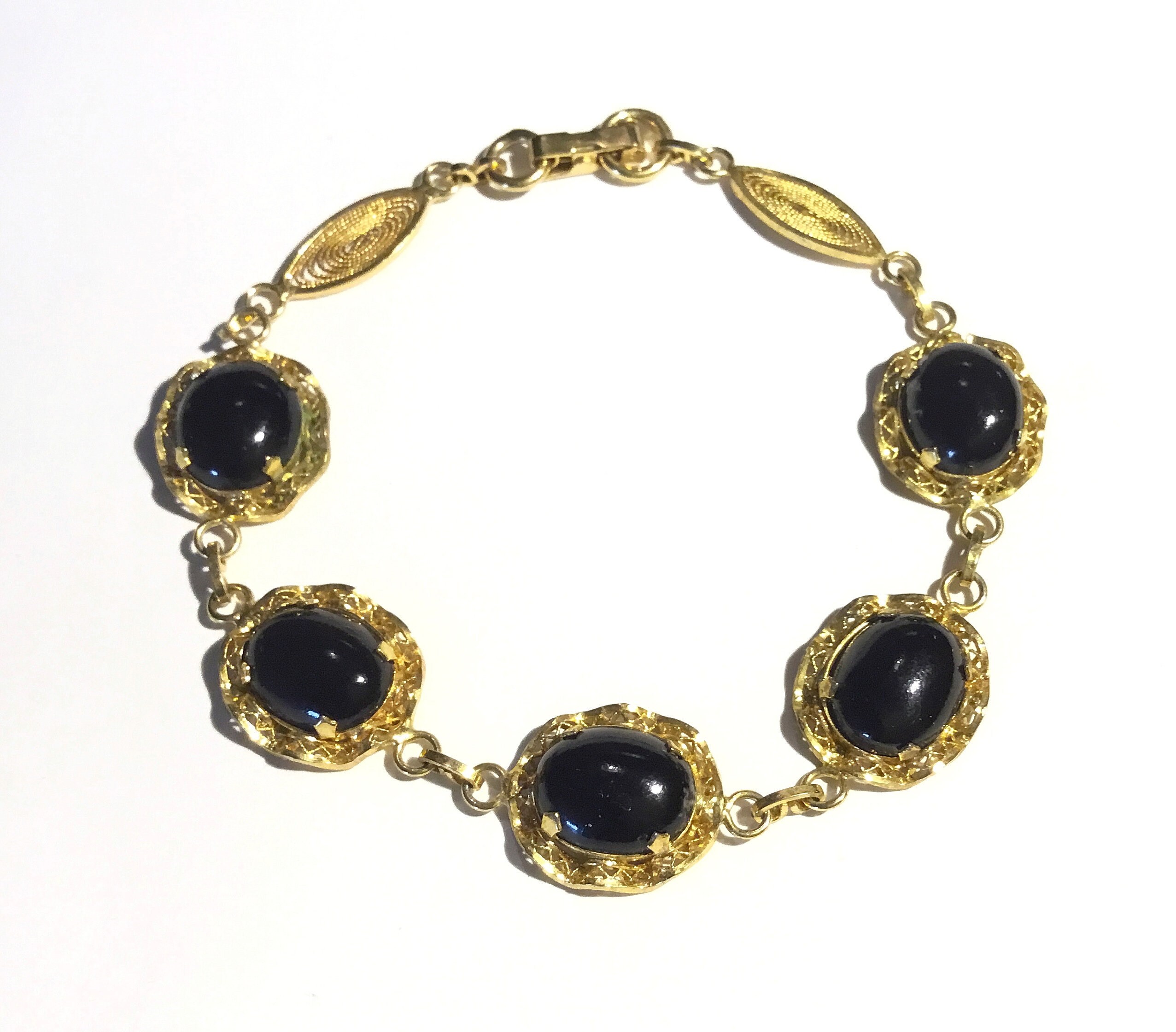 Signed Gold Filled Filigree & Black Onyx Cabochons Bracelet