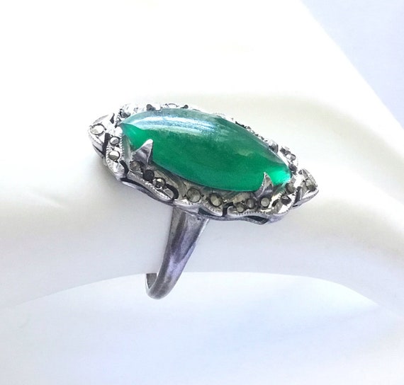 Antique Art Deco Green Marquise Agate Sterling Ring with Marcasites, Size 5, c1920s