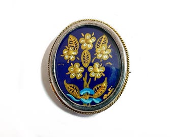 Vintage European 800 Silver Hand Painted Floral Bouquet Brooch