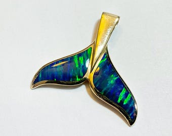 Large 14K Yellow Gold and Blue/ Green Opal Whale’s Tail Pendant