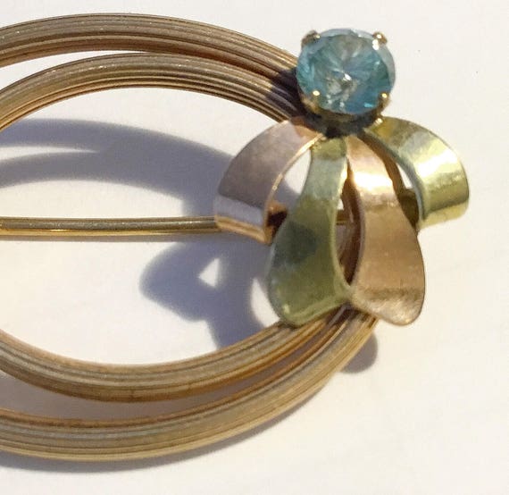 Retro 14k Yellow & Rose Gold and Blue Zircon Bow … - image 2