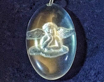 Vintage Rock Crystal Intaglio Carved Angel Pendant, Sterling Necklace
