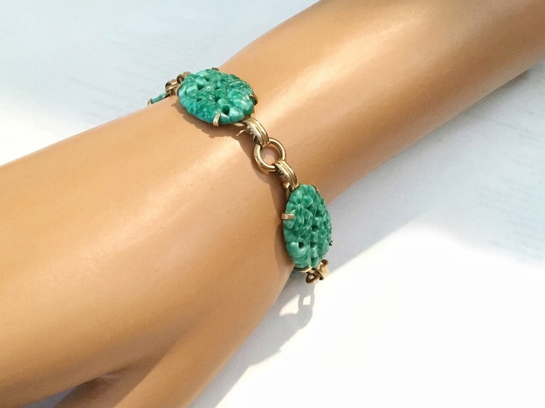 Signed Van Dell Deco Style Peking Glass Gold Filled Linked Bracelet
