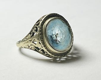 14K White Gold Art Deco Natural Aquamarine Filigree Ring