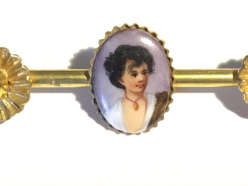c1860s SALE Antique Etruscan Revival Gold Filled Neopolitan Fisher Boy Hand Painted Porcelain Brooch Bar Pin