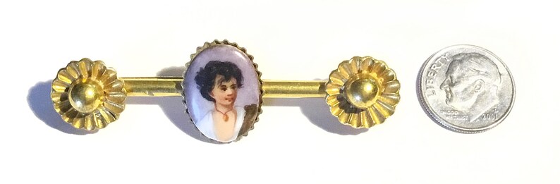 c1860s SALE Antique Etruscan Revival Gold Filled Neopolitan Fisher Boy Hand Painted Porcelain Brooch Bar Pin