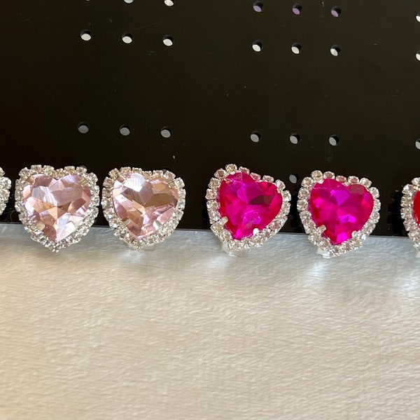 Heart shaped rhinestone clip on earrings